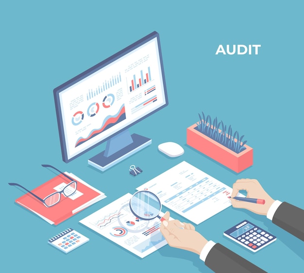 Vector auditing concepts businessman auditor inspects financial documents and fill a report form man's ha