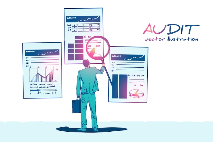 Vector auditing drawing sketch. auditor with magnifying glass in hand during examination of financial report. process research project management, planning accounting, analysis data. vector cartoon design.