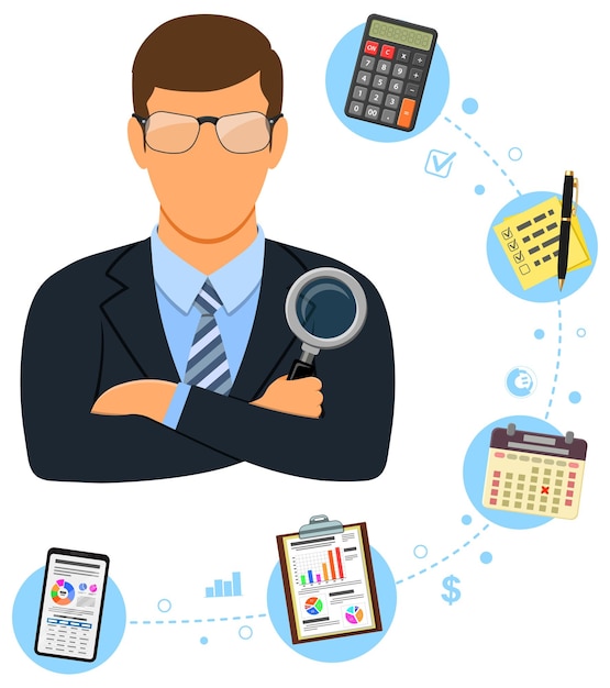 Auditing Tax Accounting Auditor Holds Magnifying Glass in Hand and Checks Financial Report with Charts Calculator and Smartphone Flat Icons landing page template isolated vector illustration