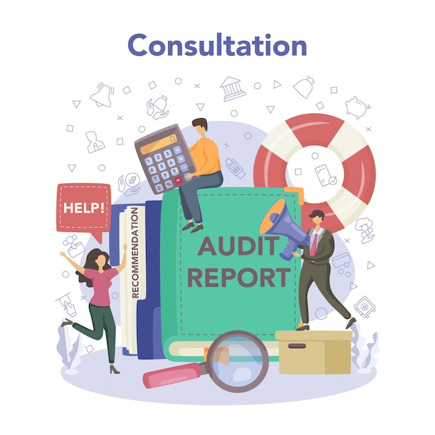 Auditor consultation Business operation research and analysis Professional financial management Financial inspection and analytics Isolated flat vector illustration