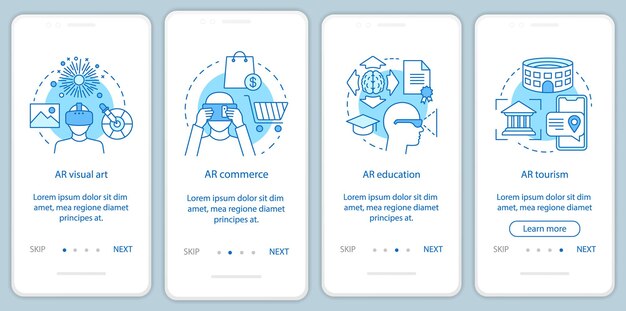 Augmented reality die het onboarding-paginascherm van de mobiele app met concepten toepast. AR beeldende kunst, handel, onderwijs, toerisme walkthrough stappen grafische instructies. UX, UI, GUI vectorsjabloon met pictogrammen