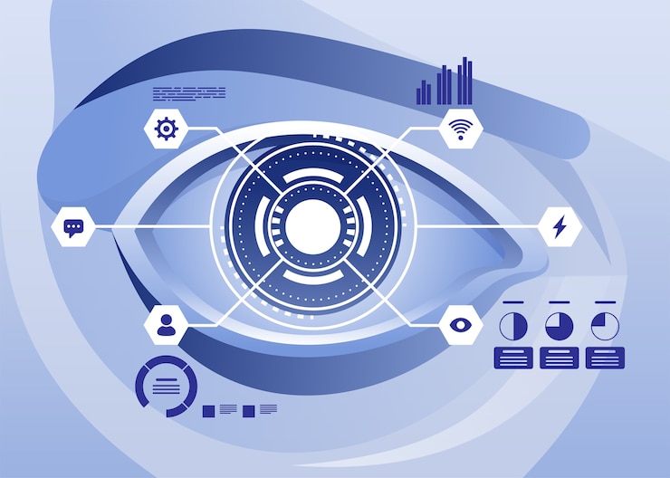 Vector augmented reality and future biotech technology concept. futuristic hologram over eye looking at virtual graphics.  illustration