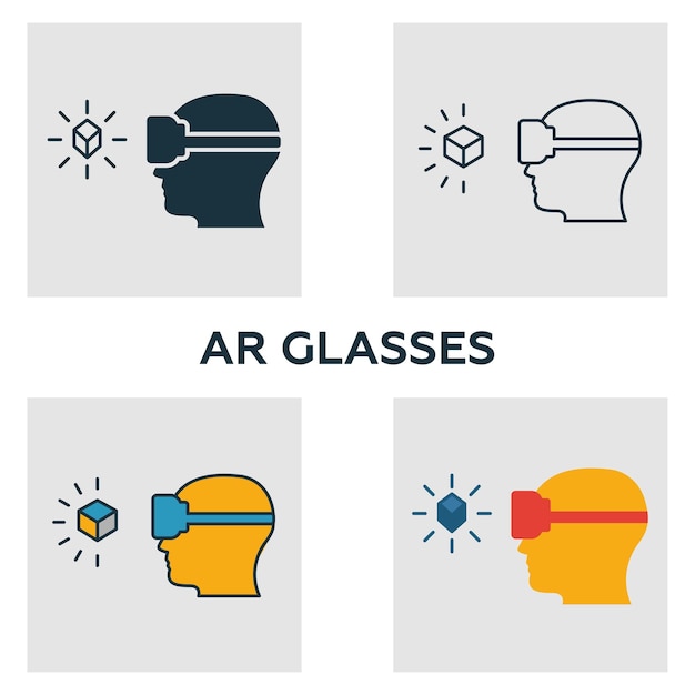 Augmented Reality Glasses icon set Four elements in diferent styles from visual device icons collection Creative augmented reality glasses icons filled outline colored and flat symbols