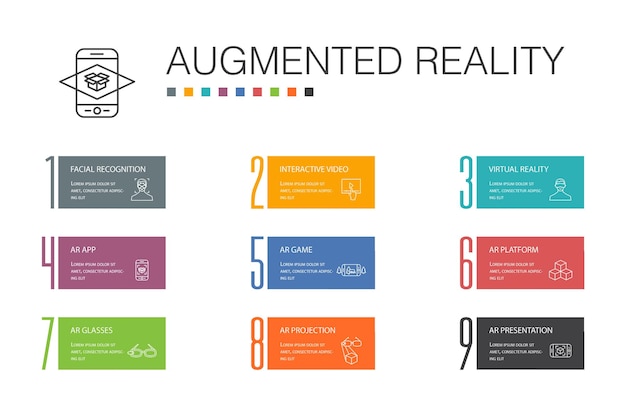 Realtà aumentata infografica 10 opzione linea concept.riconoscimento facciale, app ar, gioco ar, icone semplici di realtà virtuale