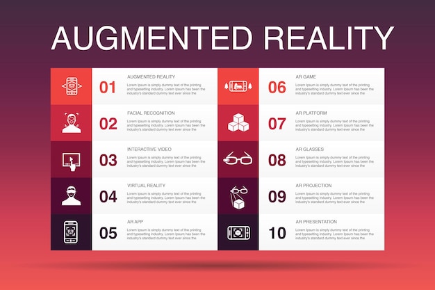 Modello di opzione infografica 10 di realtà aumentata. riconoscimento facciale, app ar, gioco ar, icone semplici di realtà virtuale