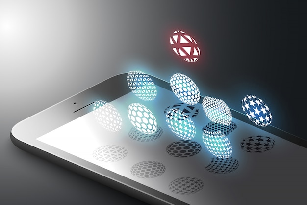 Augmented reality marketingconcept. zwarte kleur slimme telefoon met minimalistische designvormen