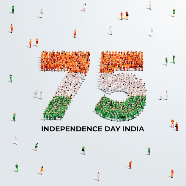 Vector august 15 happy independence day design. a large group of people form to create the number 75.