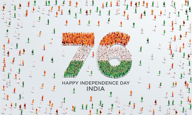 Vector august 15 happy independence day india design a large group of people form to create the number 76