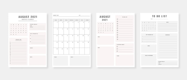 Август 2021 планировщик набор шаблонов современного планировщика набор планировщика и списка дел ежемесячный еженедельный ежедневный планировщик шаблон векторные иллюстрации