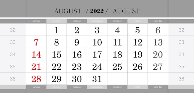 Квартальный календарный блок на август 2022 года. настенный календарь на английском языке, неделя начинается с воскресенья.