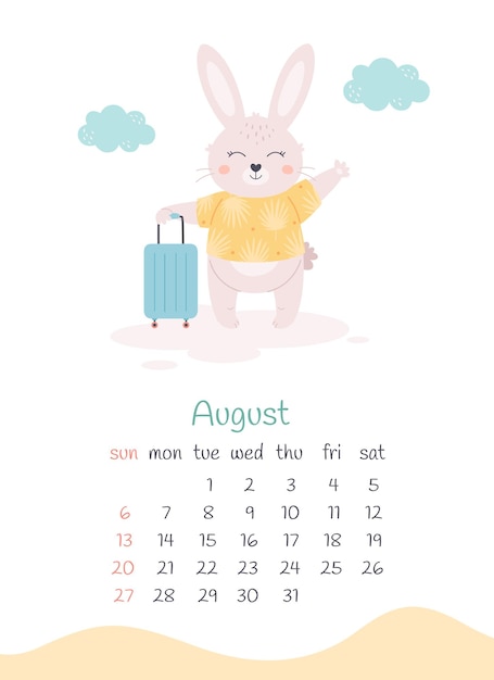 August 2023 calendar. cute white bunny with travel bag. summer vacation, hello summer