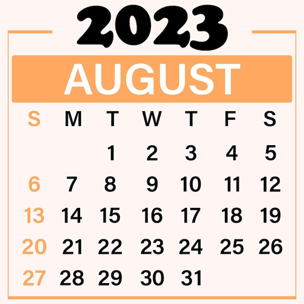 Иллюстрация шаблона календаря на август 2023 г.