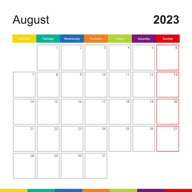 Vettore la settimana del calendario da parete colorato di agosto 2023 inizia lunedì