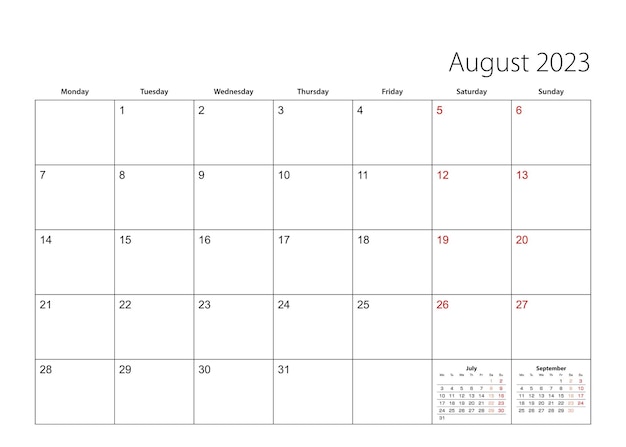 Vector august 2023 simple calendar planner week starts from monday