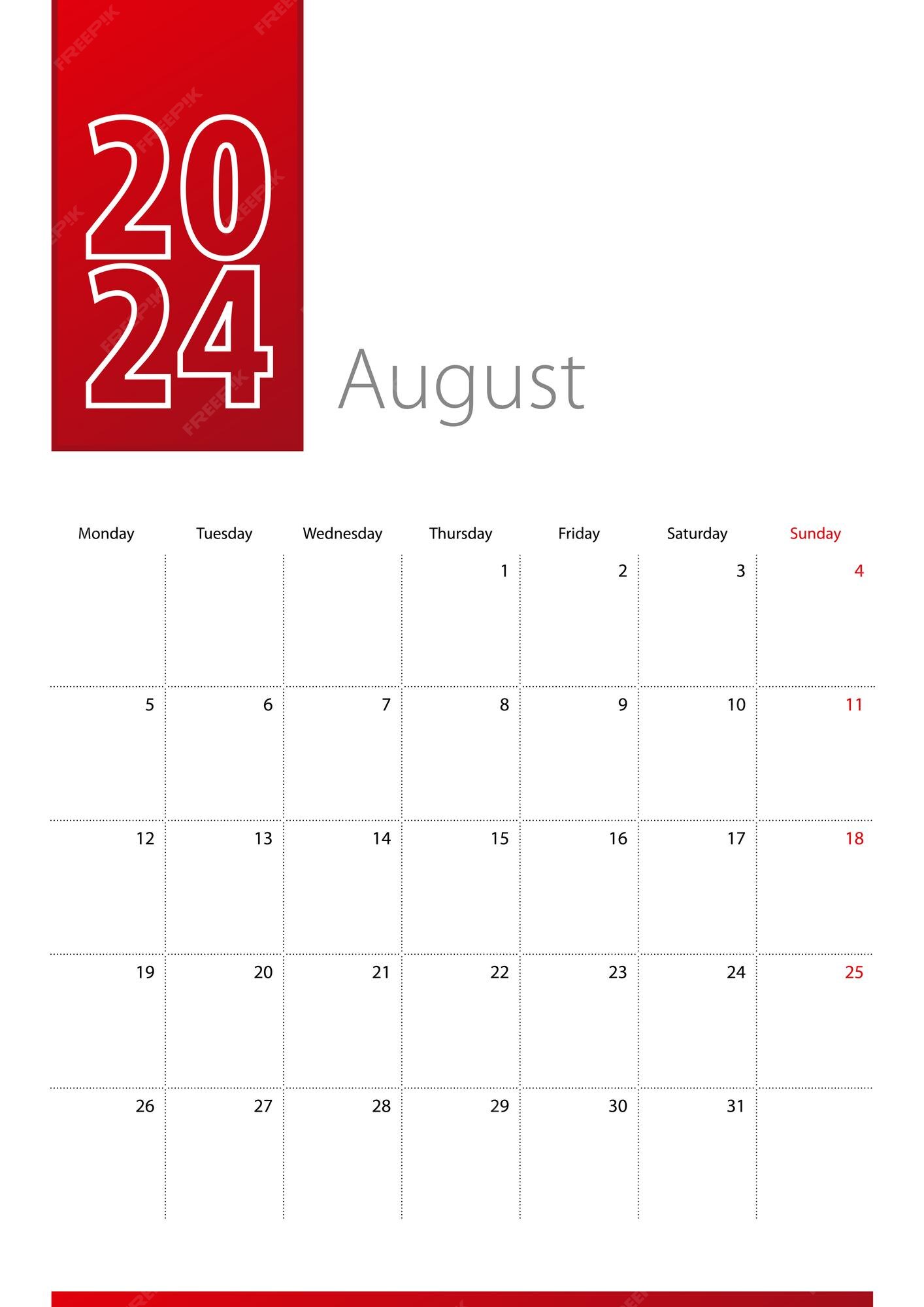 Premium Vector August 2024 calendar design week starts on monday