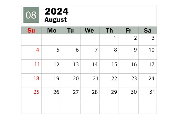 Calendario agosto 2024. calendario del diario. pianificatore giornaliero. illustrazione vettoriale.