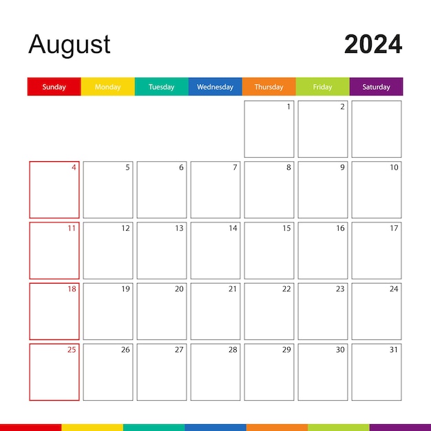 Vettore la settimana del calendario murale colorato di agosto 2024 inizia domenica