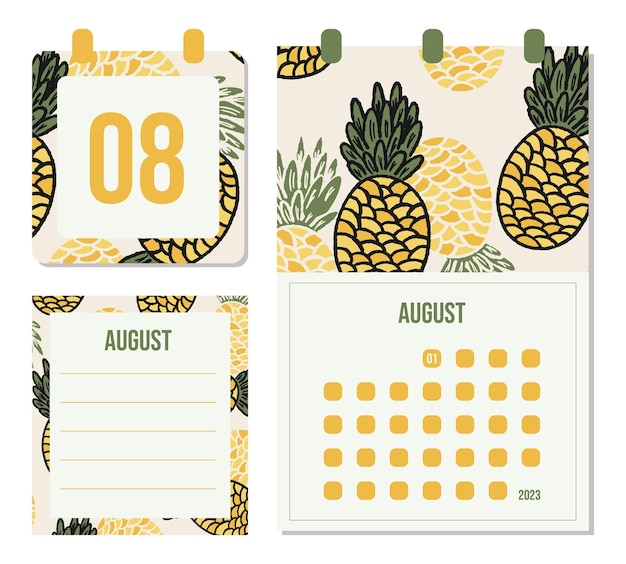 Vettore calendario del mese di agosto e blocco note ananas sfondo per sito web, stampa, cancelleria, pianificatore