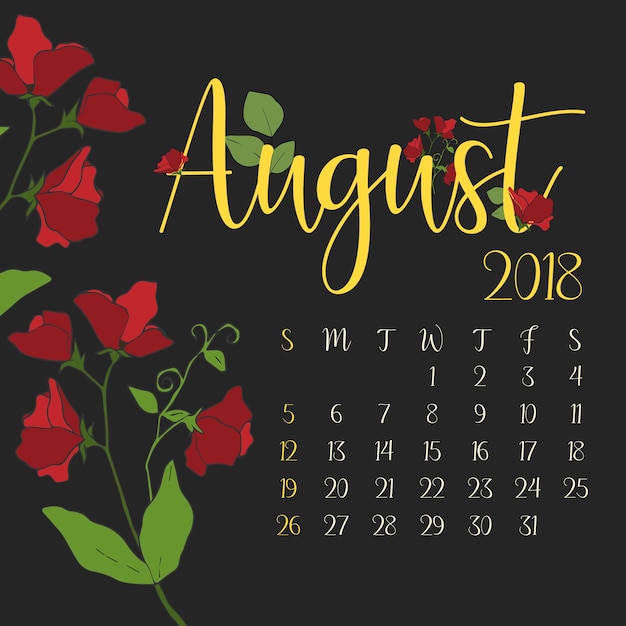 Vettore calendario mensile agosto 2018