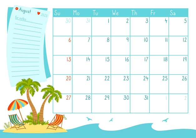 Органайзер шаблона календаря на август 2023 год море пляж пальмы отпуск планировщик событий дневник лето