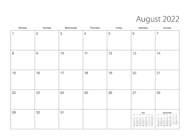 Augustus 2022 eenvoudige kalenderplanner, week begint vanaf maandag. vector kalenderplanner.