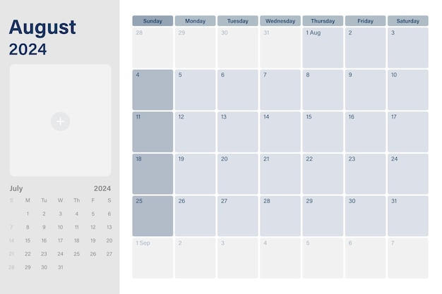 Vector augustus 2024 kalender bureau planner met ruimte voor uw foto weken beginnen op zondag