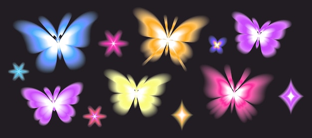 Vector aura butterfly y2k futuristic aesthetic figure collection neon abstract blurry shapes isolated