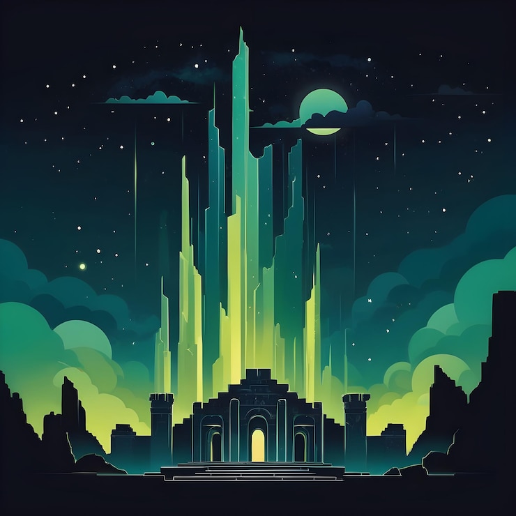 Vector aurora borealis over ancient ruins with art deco2