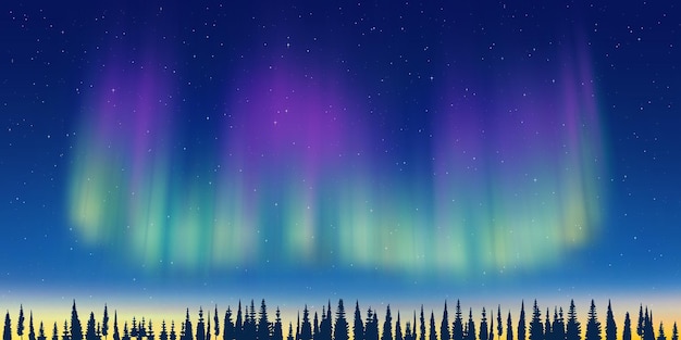 Vettore aurora boreale e foresta all'orizzonte aurora boreale e illustrazione invernale delle stelle