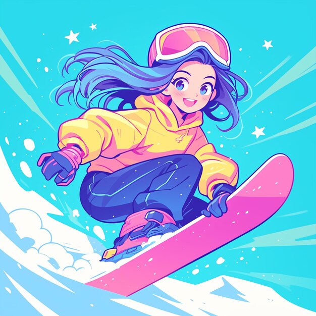 Vector a aurora girl rides a halfpipe snowboard in cartoon style