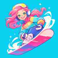 Vector a aurora girl rides a halfpipe snowboard in cartoon style