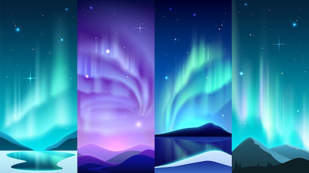 Vector aurora posters realistische noordelijke nacht sterrenhemel gloeiend licht met winter besneeuwde landschappen berglandschap arctisch en antarctisch poolhemelverlichting vector nachtelijke schilderachtige panorama's