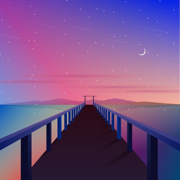 Vector aurora sky with pier and bridge illustration