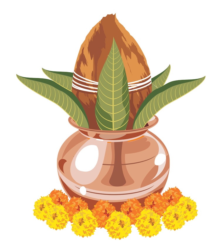 वेक्टर auspicious copper kalash with coconut flowers and leaves arranged for puja