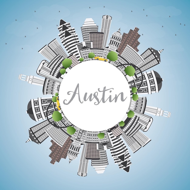 Skyline di austin con edifici grigi, cielo blu e spazio di copia. illustrazione di vettore. viaggi d'affari e concetto di turismo con architettura moderna. immagine per presentazione banner cartellone e sito web.