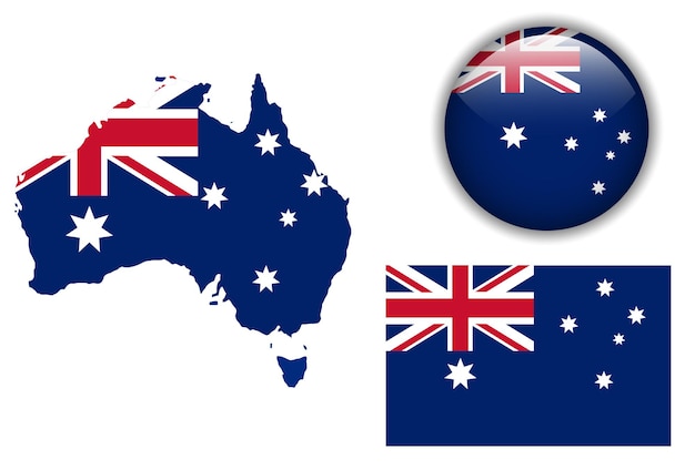 Vector australia, australian flag, map and glossy button.