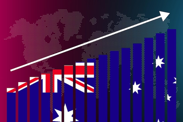 Vector australia bar chart graph, increasing values, country statistics concept, australia flag on bar grap