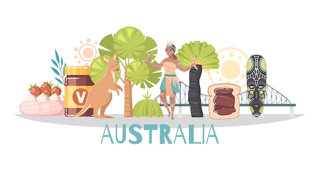 Vector australia cartoon composition with kangaroo vegemite ancient wooden painted mask female aborigine character holding boomerang flat illustration