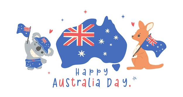 Вектор Баннер дня австралии очаровательное животное детеныше кенгуру и коала мультфильмное животное с картой и флой