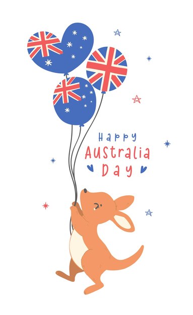 Vector australia day with adorable baby kangaroo cartoon animal with balloons flag