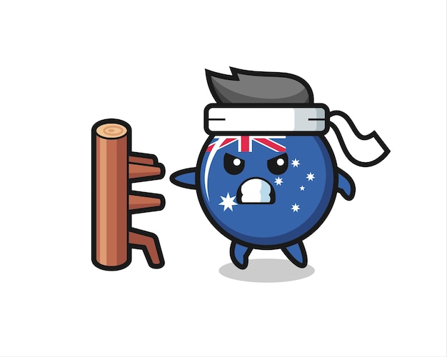 Illustrazione del fumetto del distintivo della bandiera dell'australia come un combattente di karate, design in stile carino per maglietta, adesivo, elemento logo