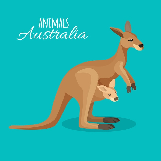 Vettore australia canguro madre animale con bambino in tasca su sfondo blu. illustrazione di animale marrone marsupiale australiano isolato con bambino in stile piatto. creatura erbivora tropicale