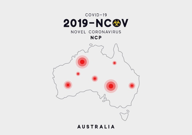 Инфографика карты Австралии, локализация вспышки вируса Ковид 19. Новый коронавирус (2019-nCoV). Китайский возбудитель респираторного коронавируса 2019-nCoV. Обозначается nCoV как одноцепочечный РНК-вирус.