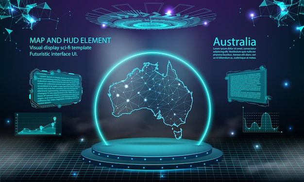 オーストラリア地図ライト接続効果背景抽象デジタル技術 ui gui 未来的な hud オーストラリア地図との仮想インターフェイス霧のステージ未来的な表彰台