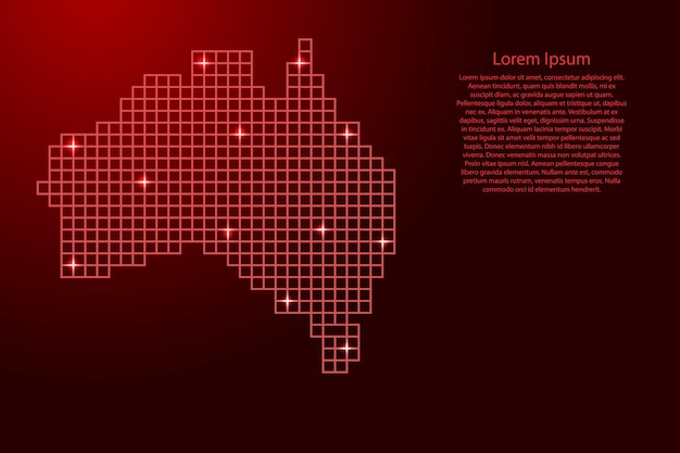 Australia map silhouette from red mosaic structure squares and glowing stars. Vector illustration.