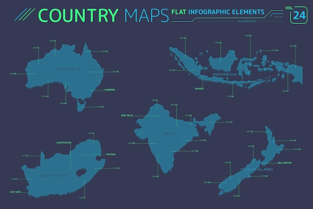 호주 뉴질랜드 인도네시아 인도 및 남아프리카 벡터 지도