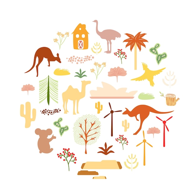 실루엣 동물과 식물의 호주 세트 야생 동물 캥거루 코알라 앵무새 에뮤와 낙타
