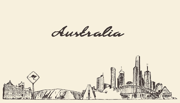 Skyline dell'australia, illustrazione vettoriale incisa, disegnata a mano, schizzo