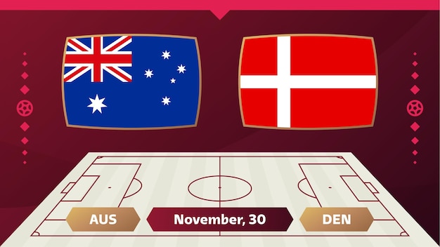 Australia vs denmark match Football 2022 world championship match versus teams on soccer field Intro sport background championship competition final poster flat style vector illustration