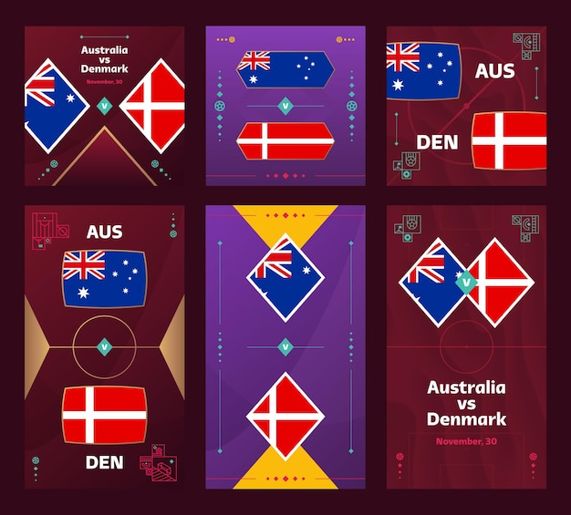 Vettore australia vs danimarca match world football 2022 banner verticale e quadrato impostato sui social media 2022